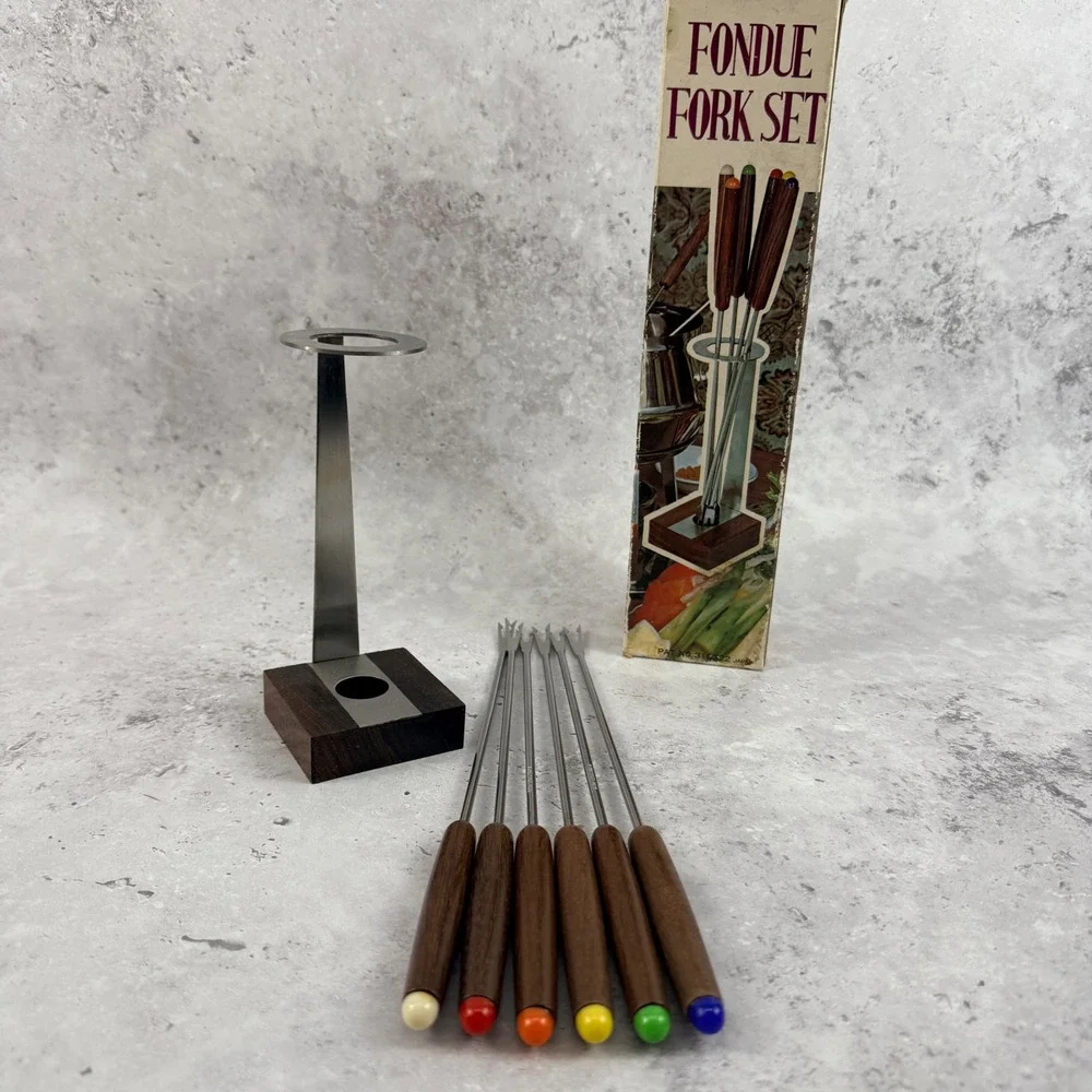 Fondue Fork Set Stainless Steel Wood‎ Handles Made in Japan NOS